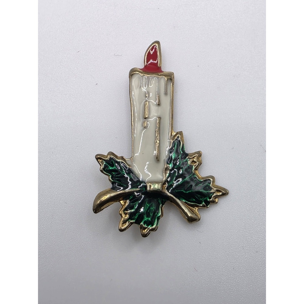 Christmas Holiday Candle Lit Taper Holly Leaves Brooch Pin